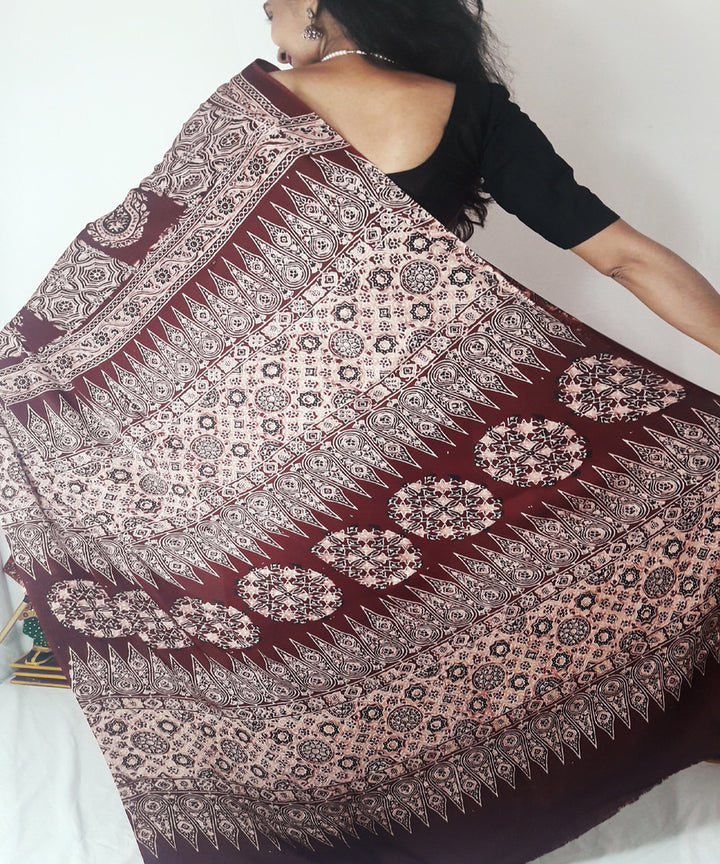 Beige maroon ajrakh modal silk saree