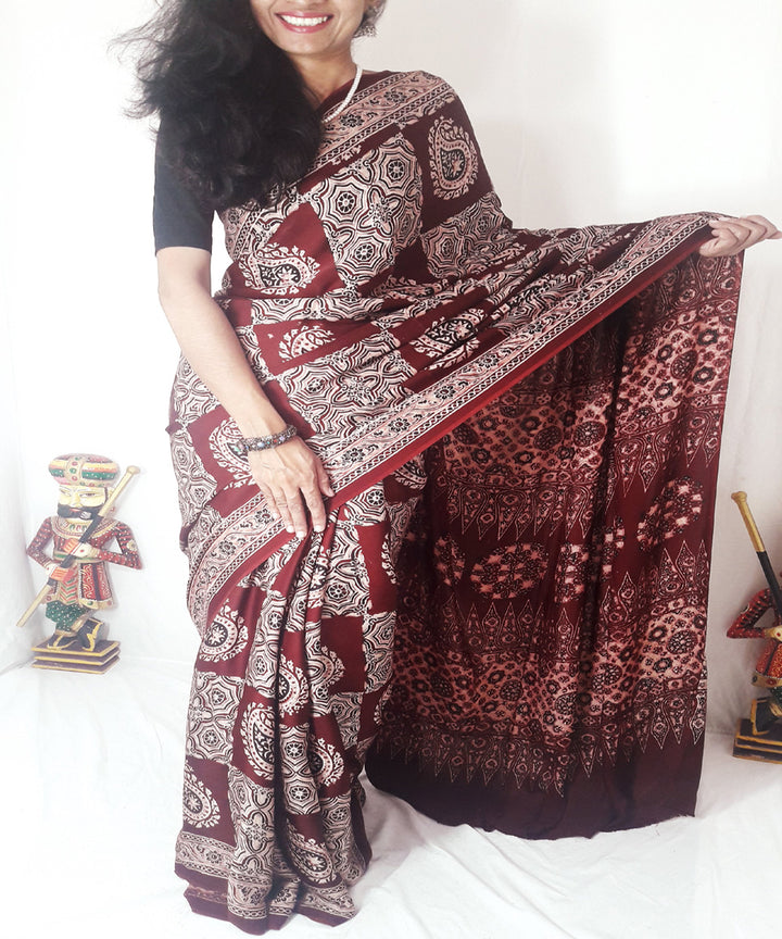 Beige maroon ajrakh modal silk saree