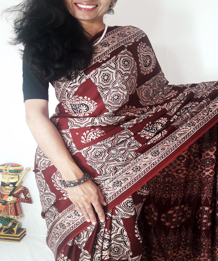 Beige maroon ajrakh modal silk saree