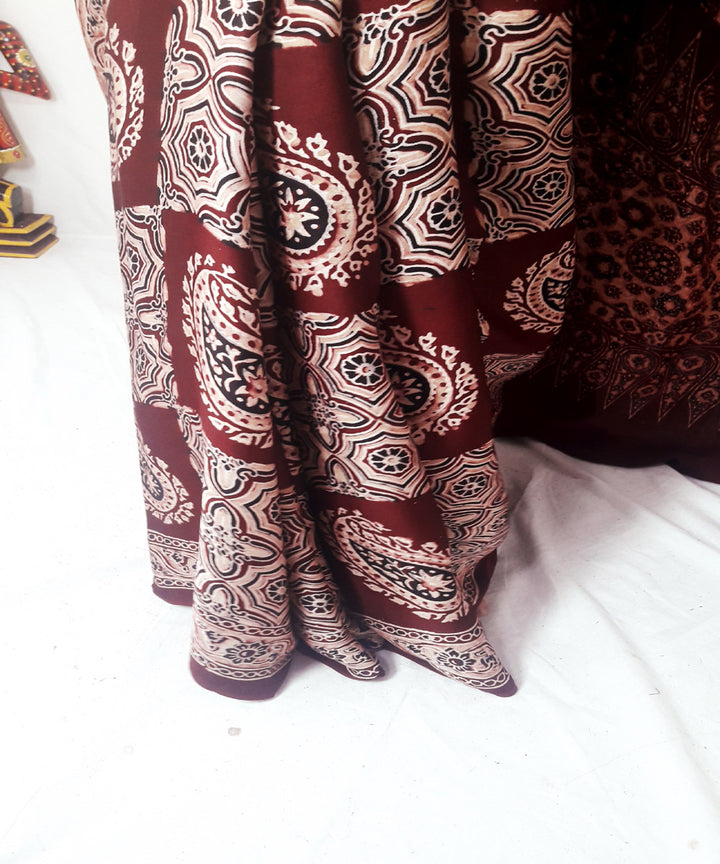 Beige maroon ajrakh modal silk saree