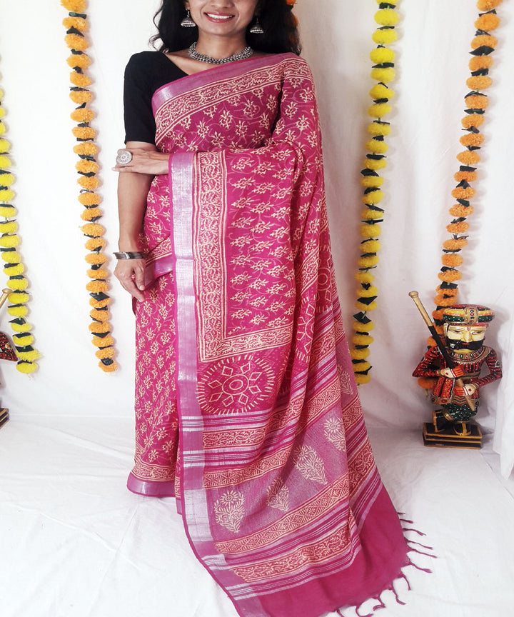 Pink hand block print cotton linen blend saree