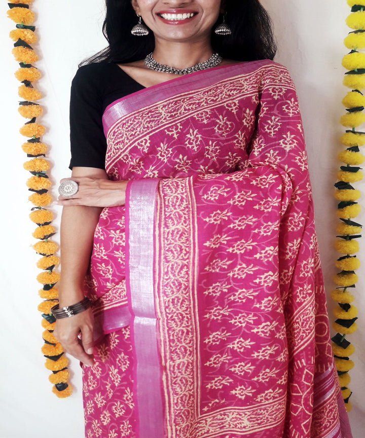 Pink hand block print cotton linen blend saree
