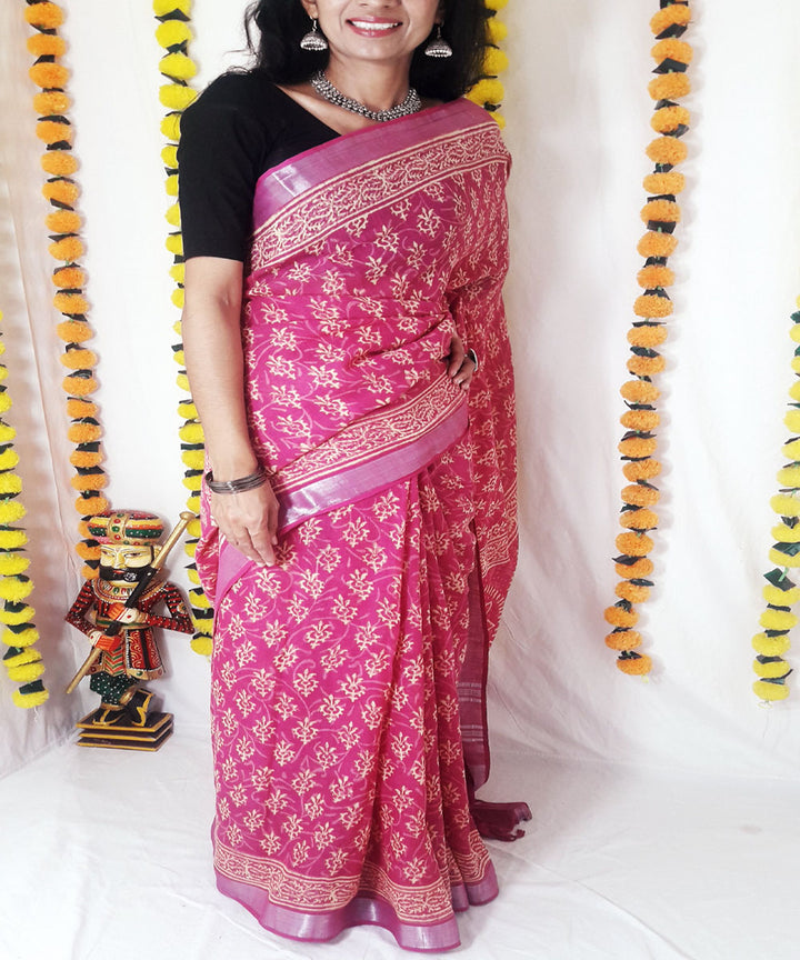 Pink hand block print cotton linen blend saree