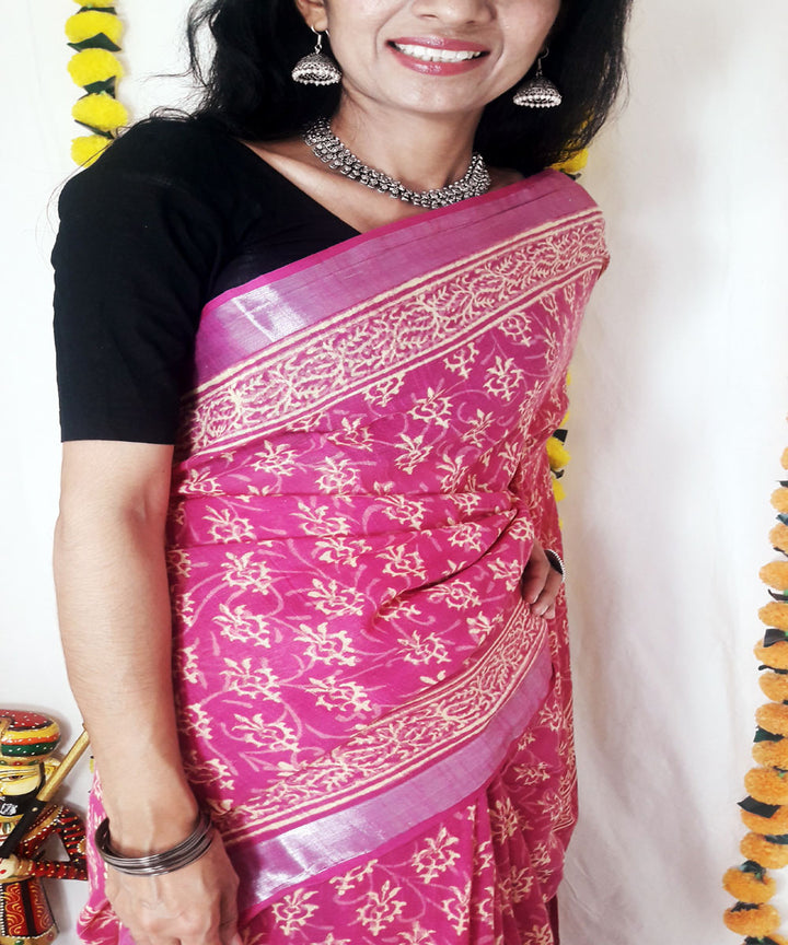 Pink hand block print cotton linen blend saree