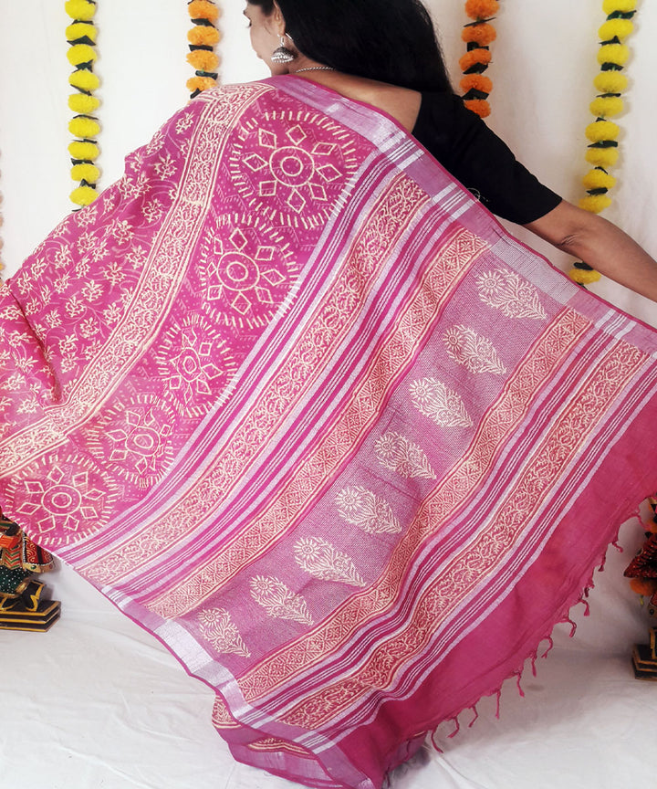 Pink hand block print cotton linen blend saree