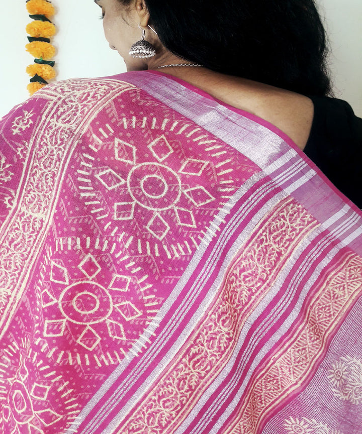 Pink hand block print cotton linen blend saree