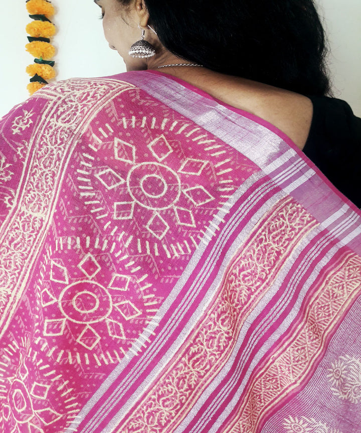 Pink hand block print cotton linen blend saree