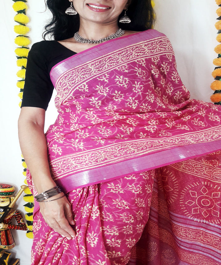 Pink hand block print cotton linen blend saree