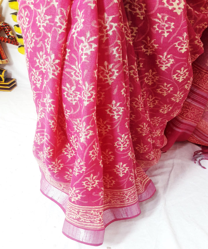 Pink hand block print cotton linen blend saree