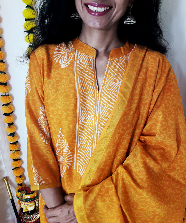 3pc golden mustard handwoven block print chanderi kurta and pant with dupatta
