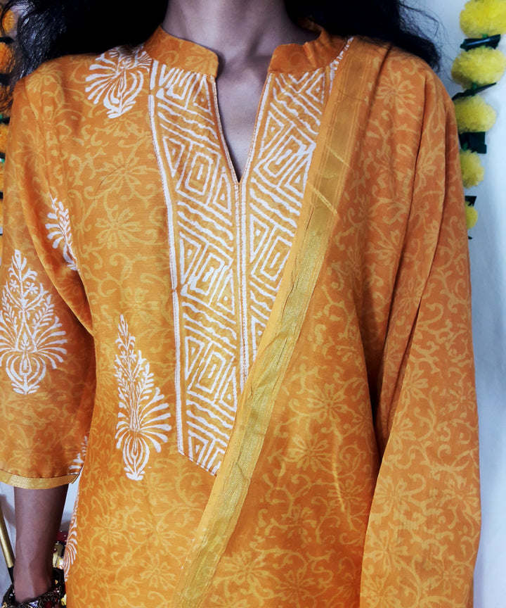 3pc golden mustard handwoven block print chanderi kurta and pant with dupatta