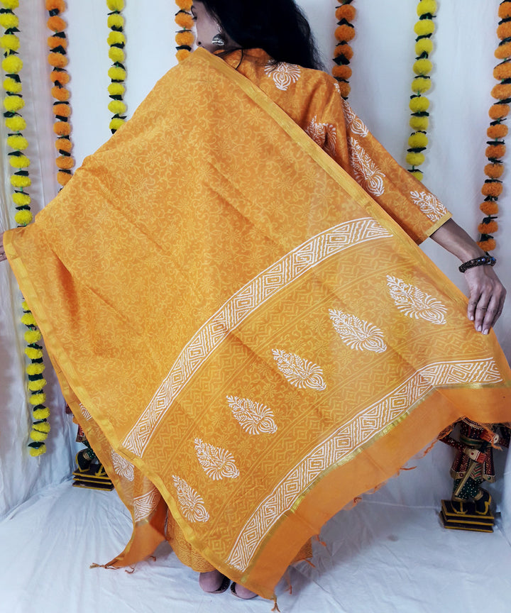 3pc golden mustard handwoven block print chanderi kurta and pant with dupatta