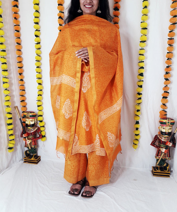 3pc golden mustard handwoven block print chanderi kurta and pant with dupatta