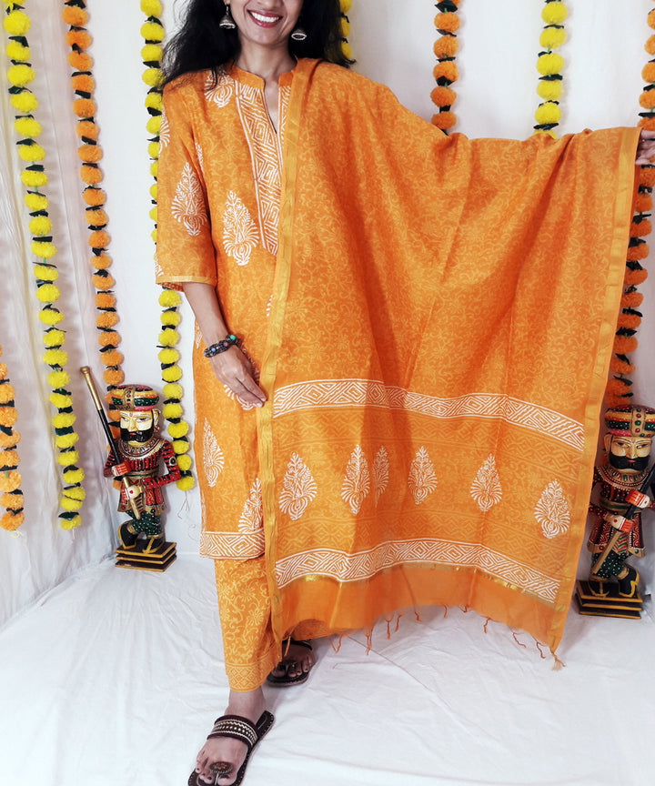 3pc golden mustard handwoven block print chanderi kurta and pant with dupatta