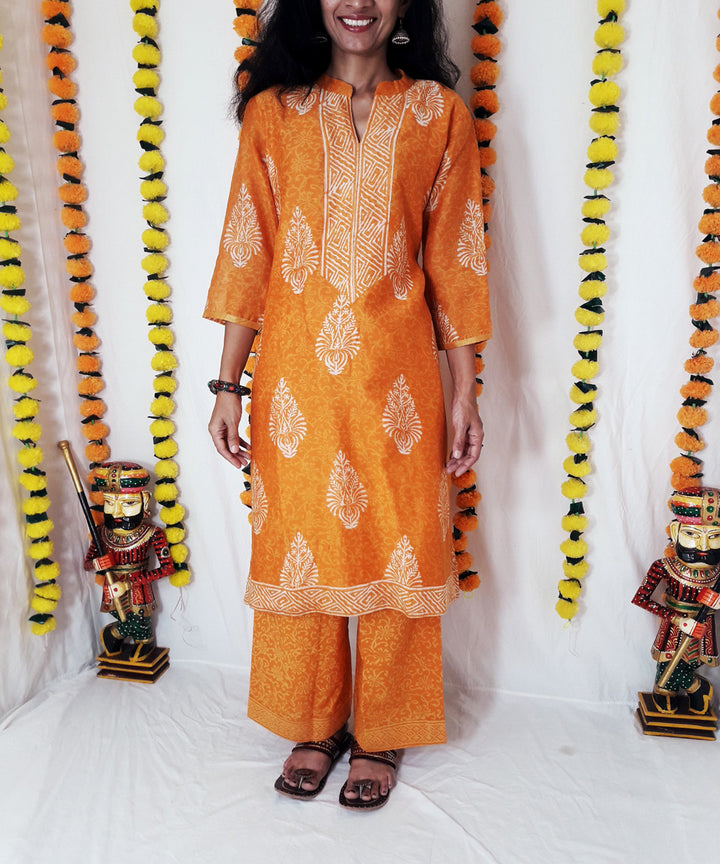 3pc golden mustard handwoven block print chanderi kurta and pant with dupatta