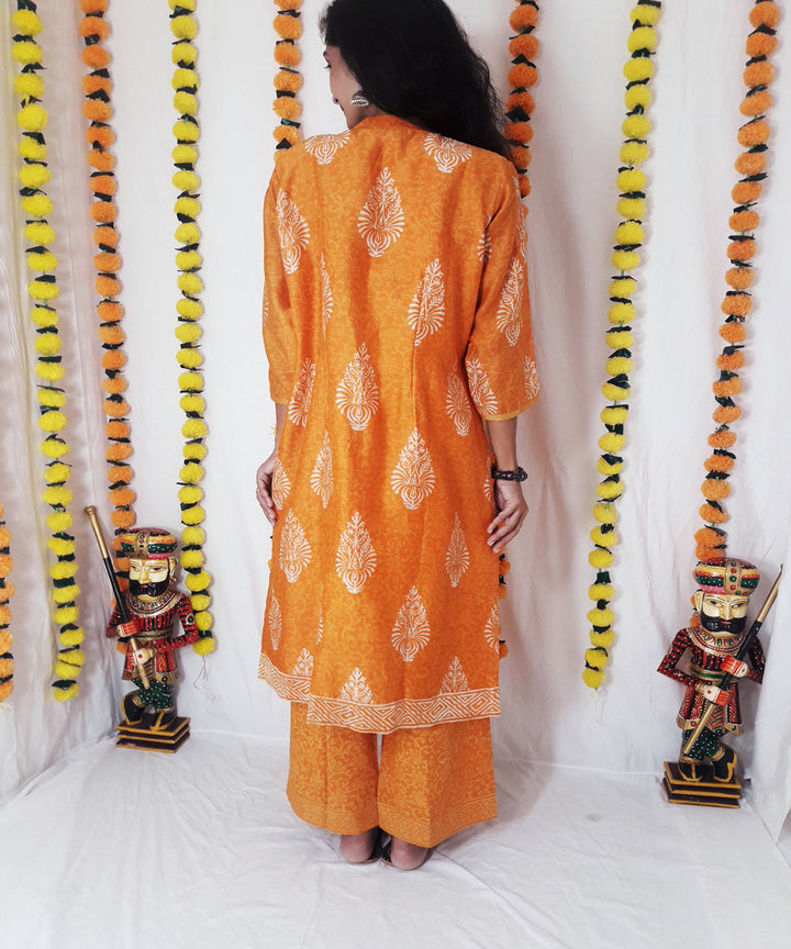 3pc golden mustard handwoven block print chanderi kurta and pant with dupatta