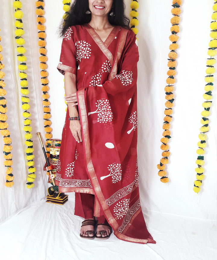 3pc wine color handwoven block print maheshwari suit set
