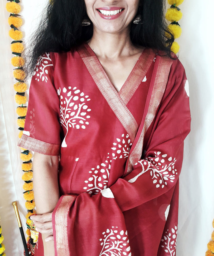 3pc wine color handwoven block print maheshwari suit set