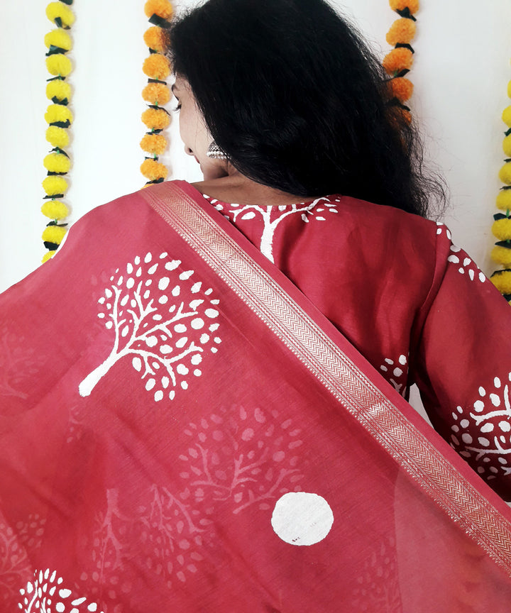 3pc wine color handwoven block print maheshwari suit set