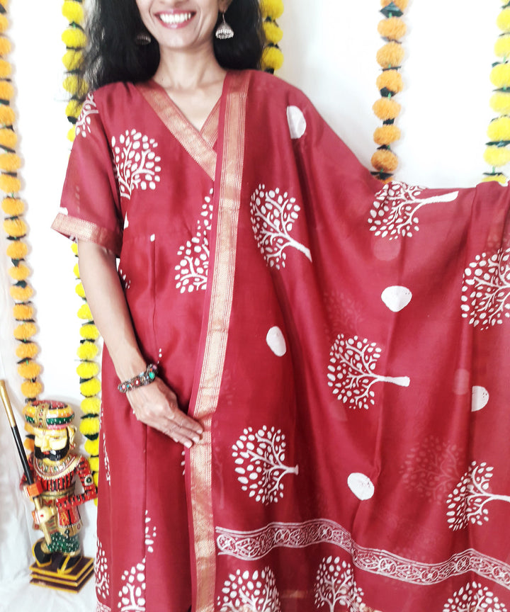 3pc wine color handwoven block print maheshwari suit set