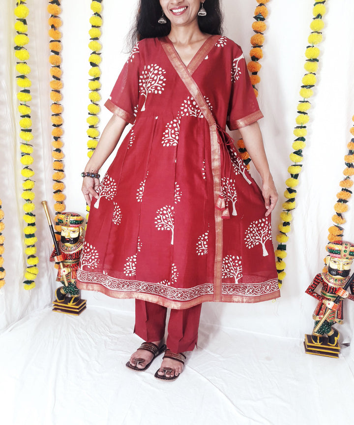 3pc wine color handwoven block print maheshwari suit set