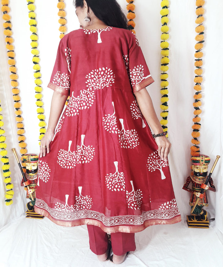 3pc wine color handwoven block print maheshwari suit set
