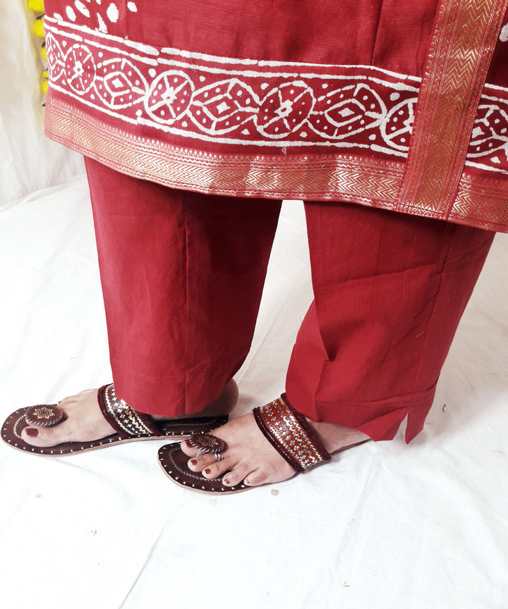 3pc wine color handwoven block print maheshwari suit set