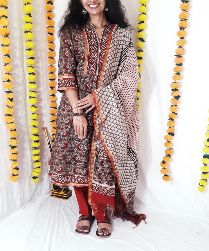 3pc grey kalamkari block print chanderi suit set