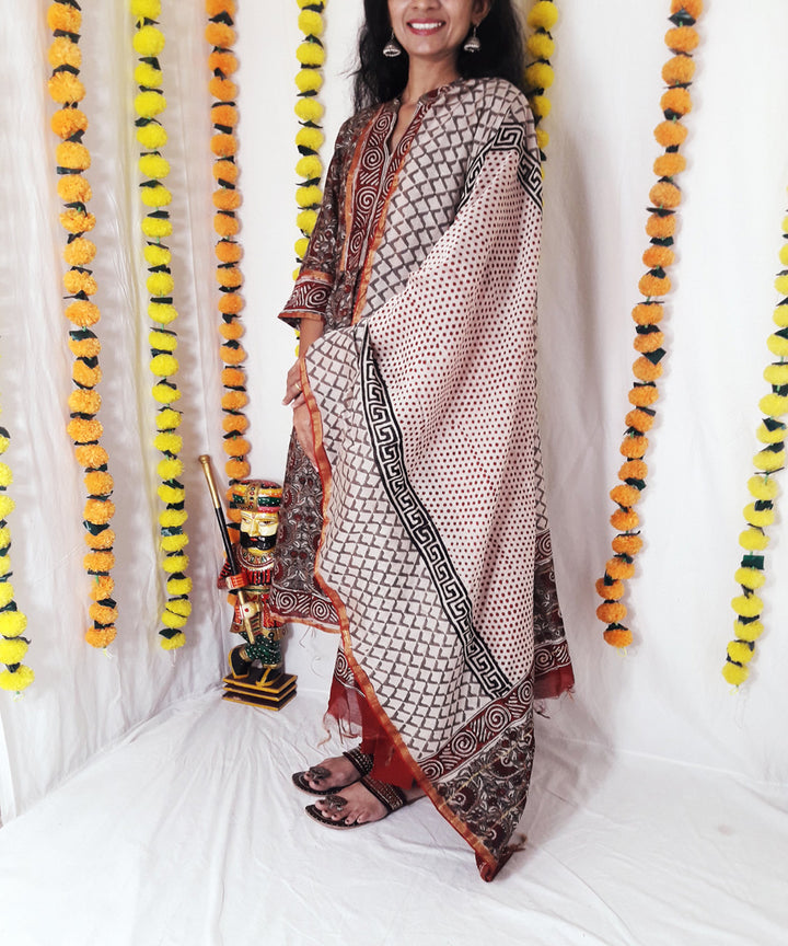 3pc grey kalamkari block print chanderi suit set