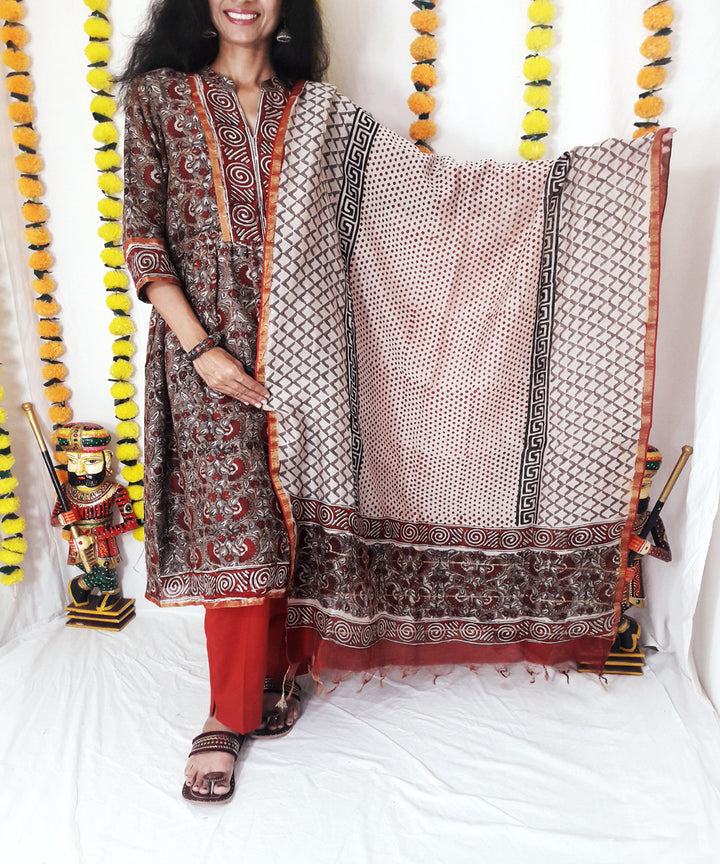 3pc grey kalamkari block print chanderi suit set