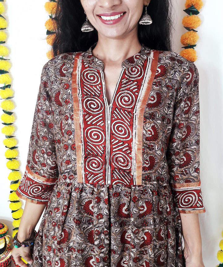 3pc grey kalamkari block print chanderi suit set