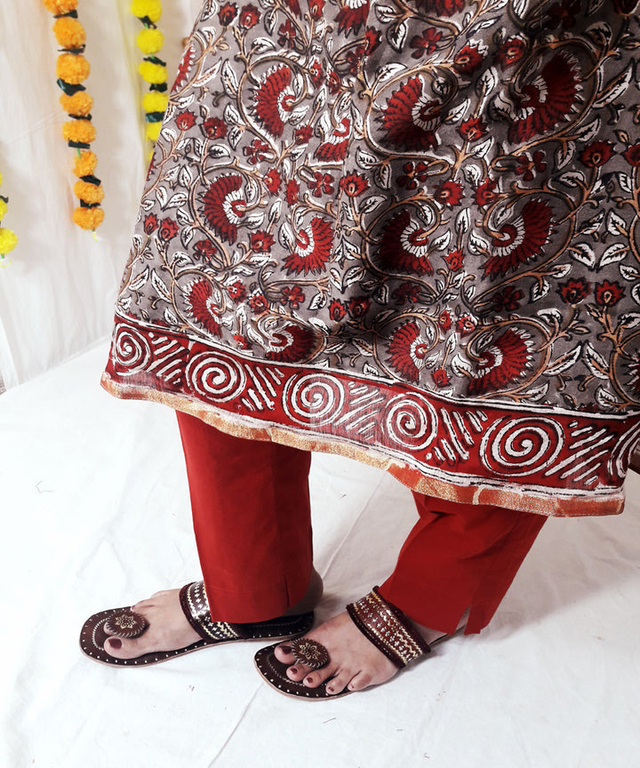 3pc grey kalamkari block print chanderi suit set