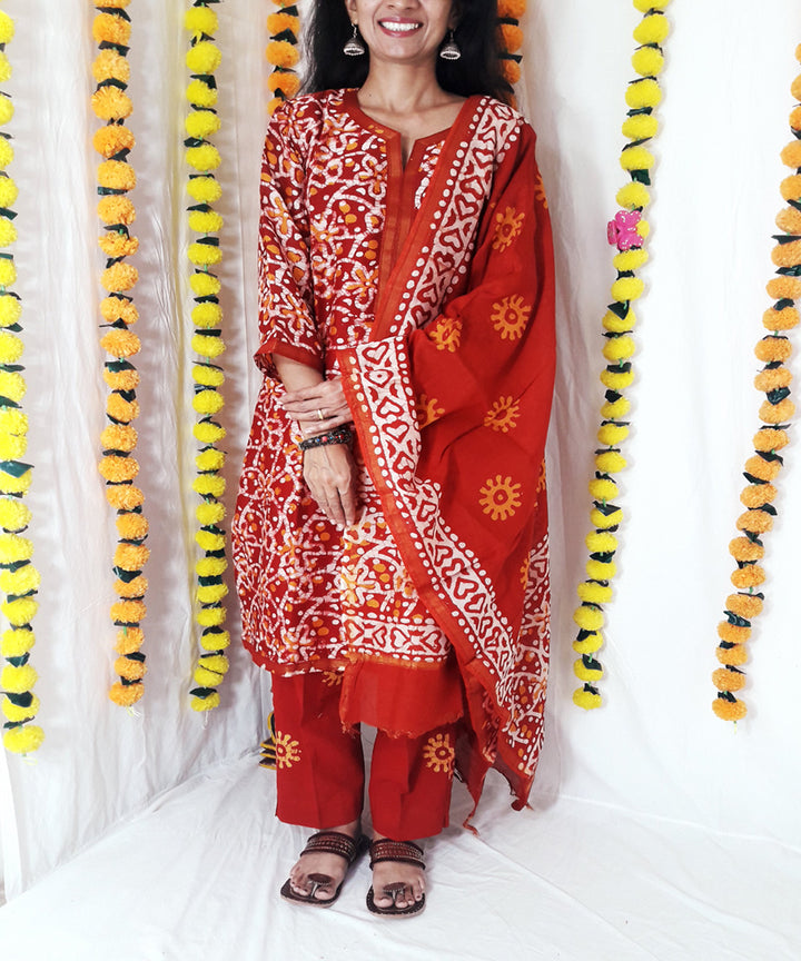 3pc red batik dyed chanderi suit set