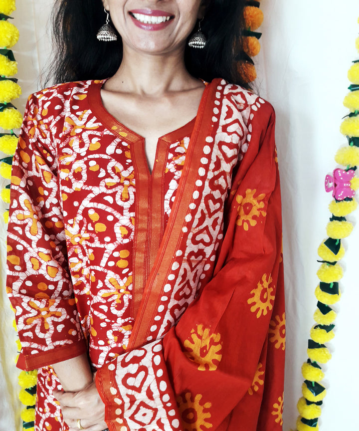 3pc red batik dyed chanderi suit set
