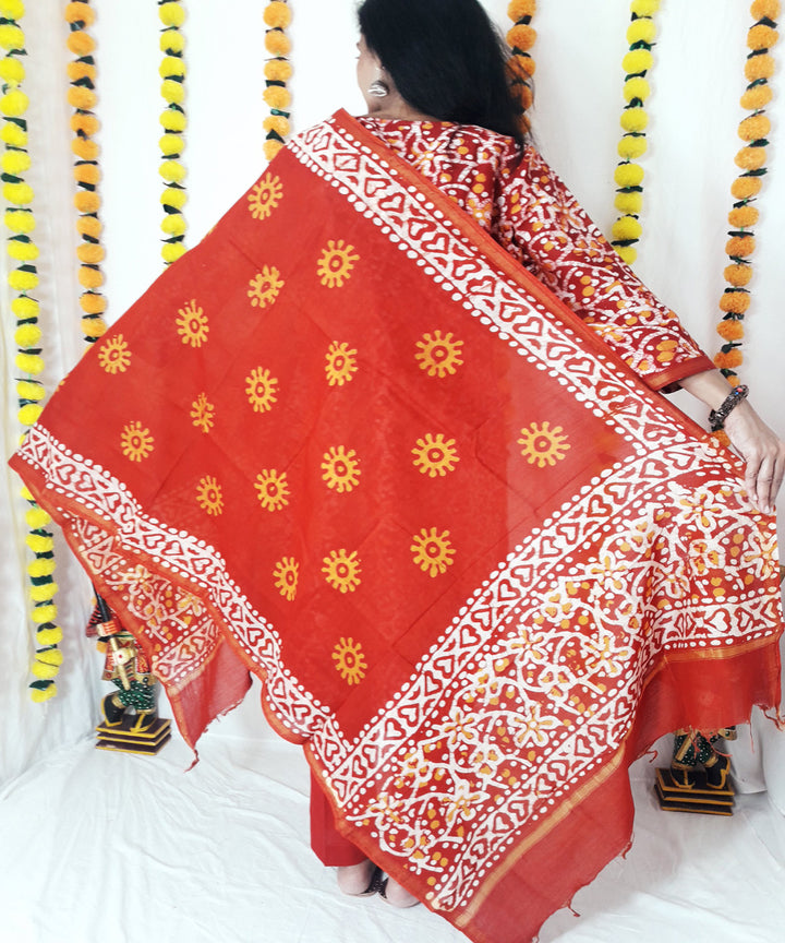 3pc red batik dyed chanderi suit set