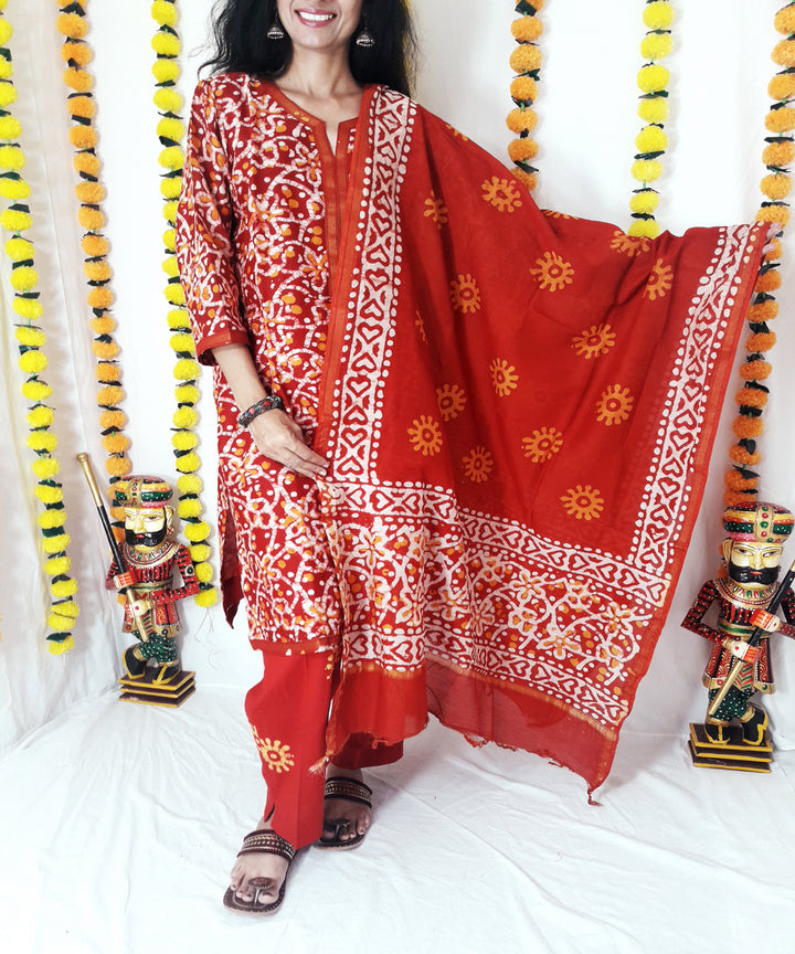 3pc red batik dyed chanderi suit set