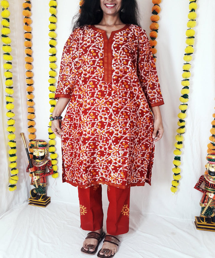 3pc red batik dyed chanderi suit set
