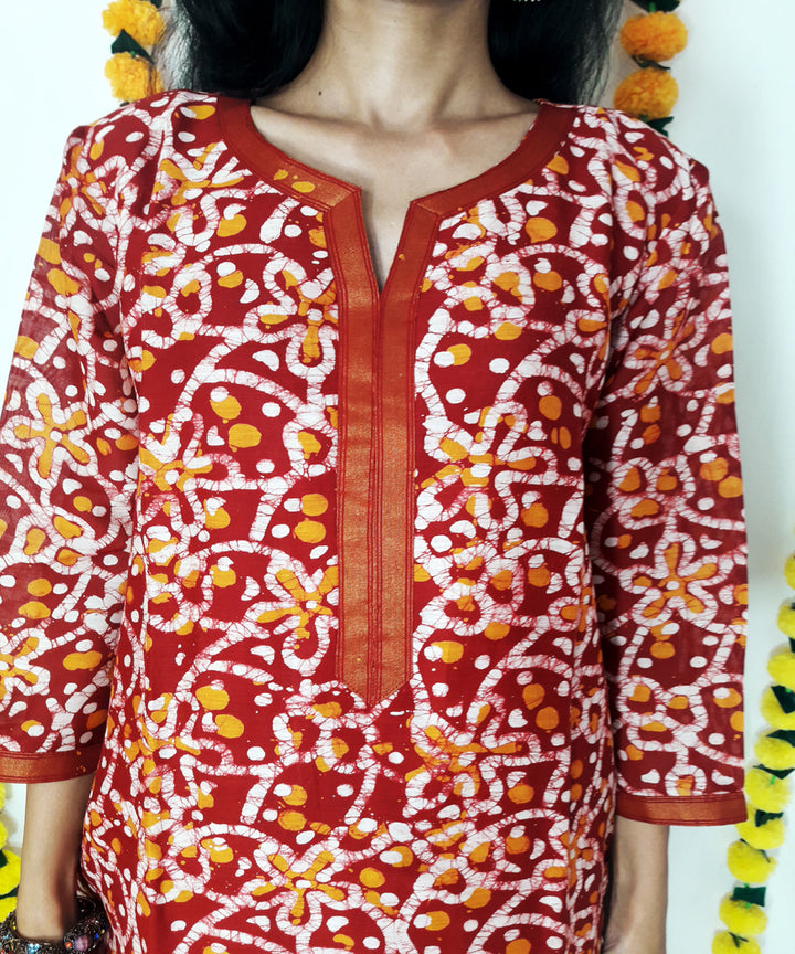 3pc red batik dyed chanderi suit set