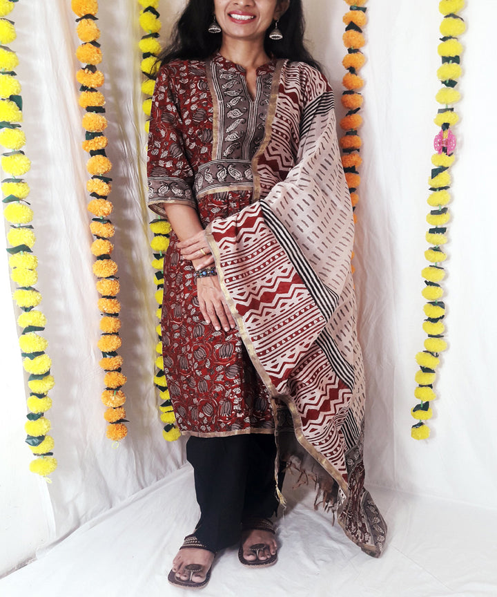 3pc red kalamkari block print chanderi suit set