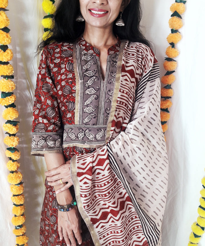 3pc red kalamkari block print chanderi suit set