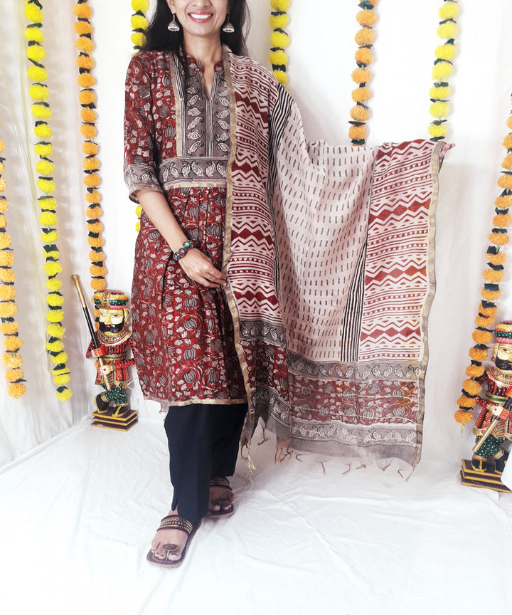 3pc red kalamkari block print chanderi suit set