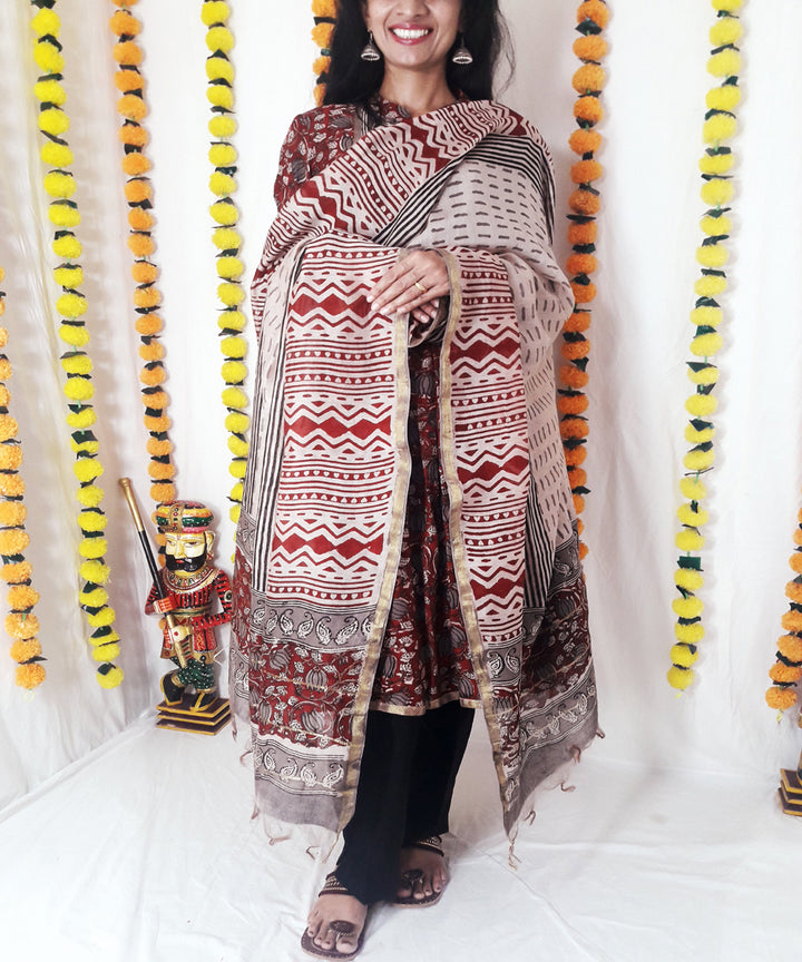 3pc red kalamkari block print chanderi suit set