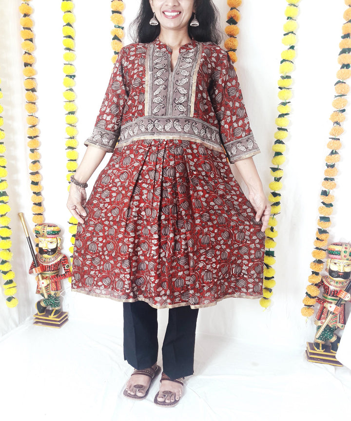 3pc red kalamkari block print chanderi suit set