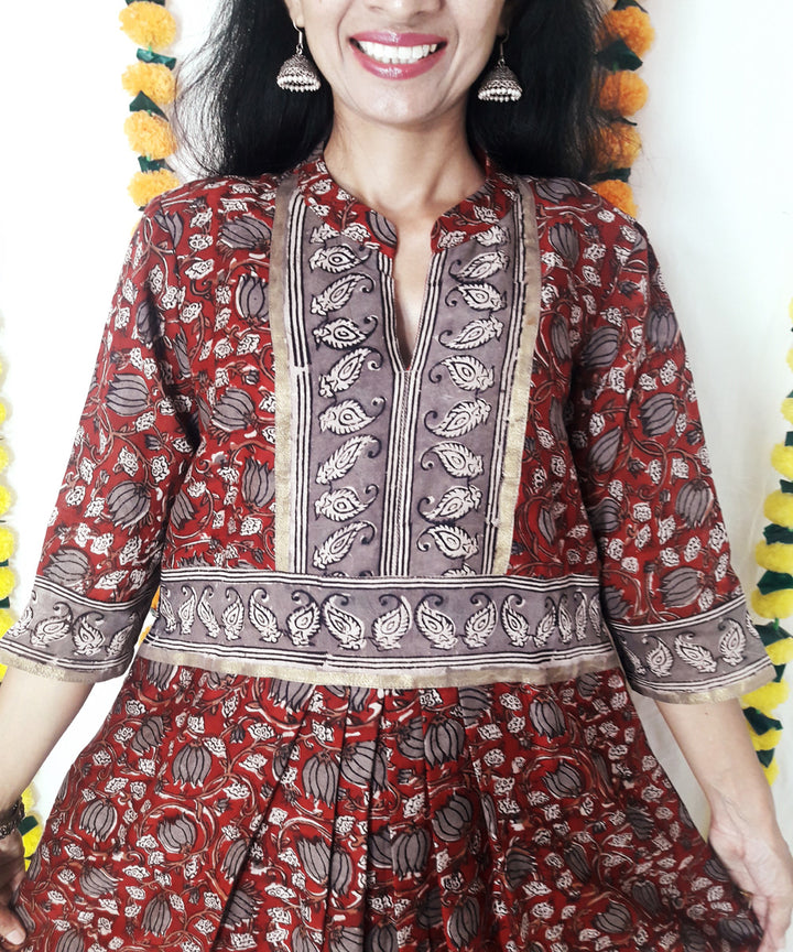 3pc red kalamkari block print chanderi suit set