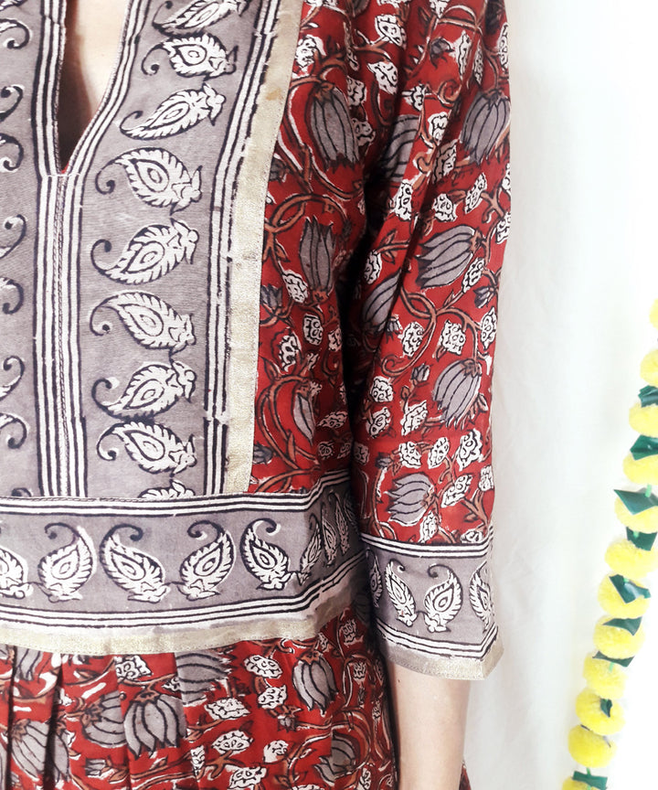 3pc red kalamkari block print chanderi suit set