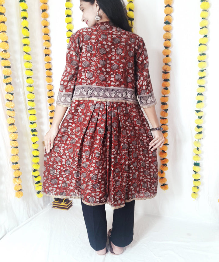 3pc red kalamkari block print chanderi suit set
