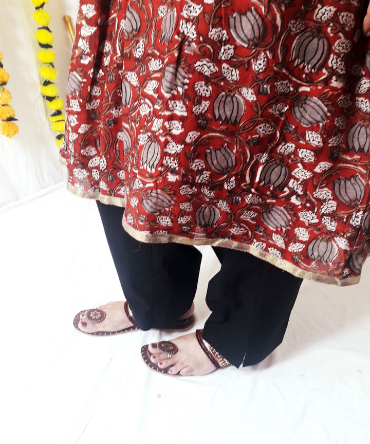 3pc red kalamkari block print chanderi suit set