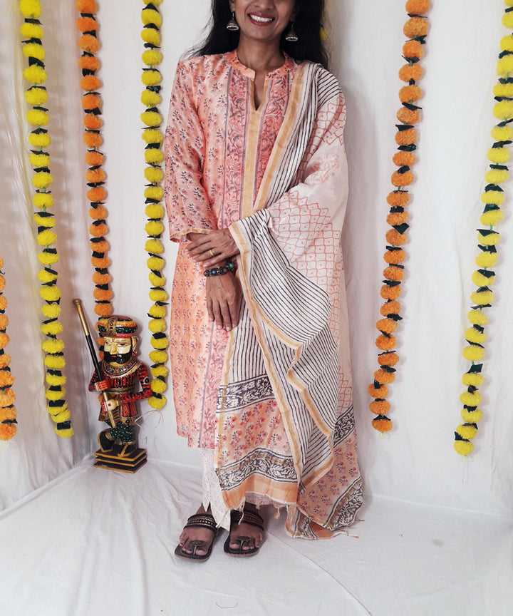 3pc peach block print chanderi suit set