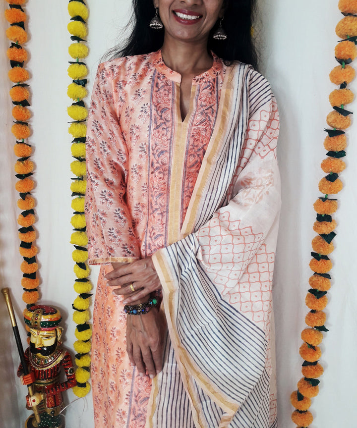 3pc peach block print chanderi suit set