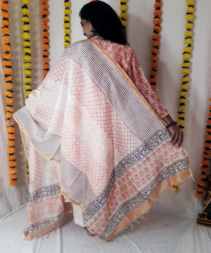 3pc peach block print chanderi suit set